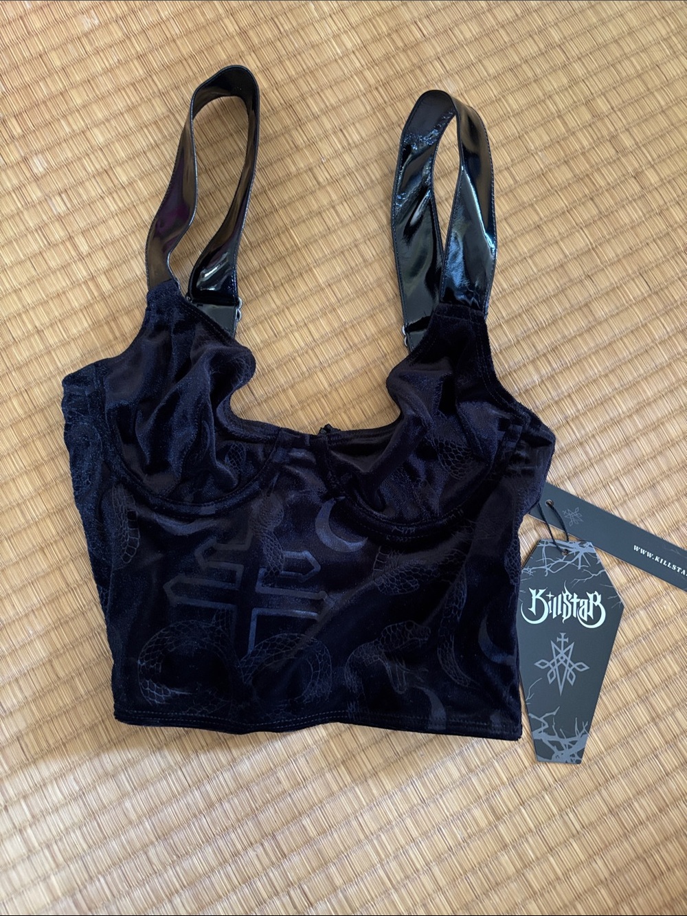 XS Killstar Black Velvet Crop Bralette with Gloss Patent Straps